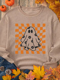 Halloween Checkerboard Floral Ghost Graphic Corded Sweatshirt - CELIVINE