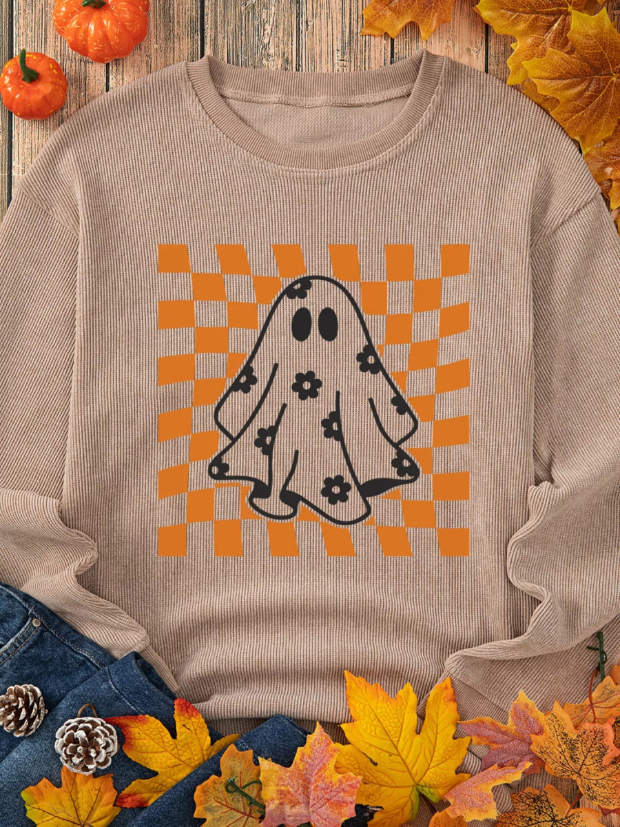 Halloween Checkerboard Floral Ghost Graphic Corded Sweatshirt - CELIVINE