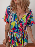 Multicolour Tropical Printed Surplice Neck Tie Waist Romper - CELIVINE
