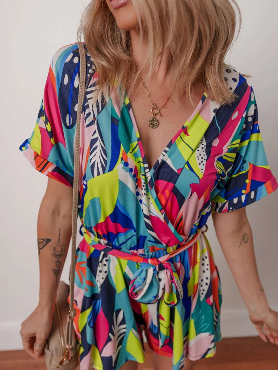 Multicolour Tropical Printed Surplice Neck Tie Waist Romper - CELIVINE