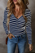 Striped V - Neck Long Sleeve Top - CELIVINE