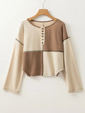 Color Block Waffle Knit Stitch Detail Long Sleeve Top - CELIVINE