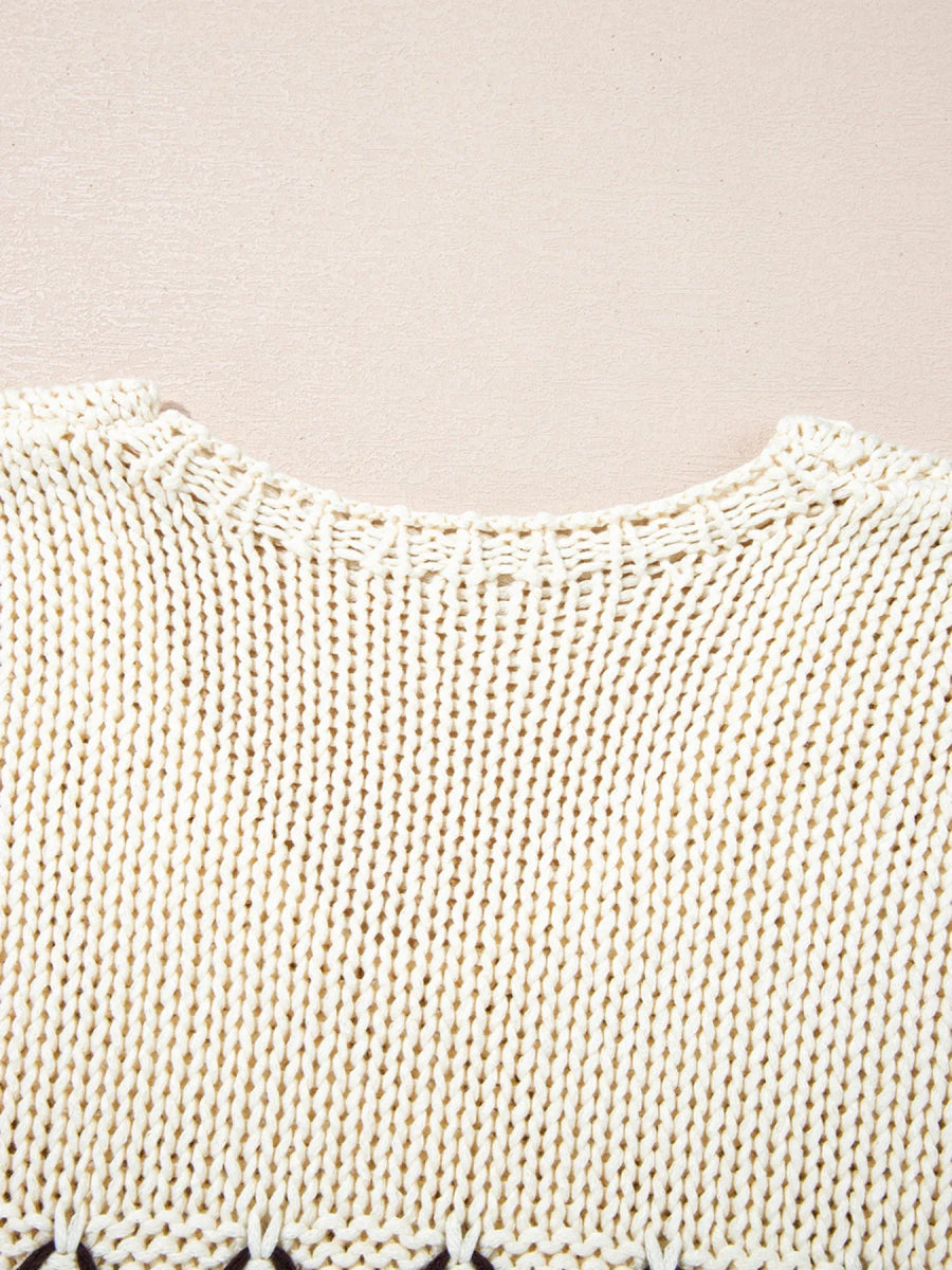 Contrast Stitch Detail V Neck Drop Shoulder Sweater - CELIVINE