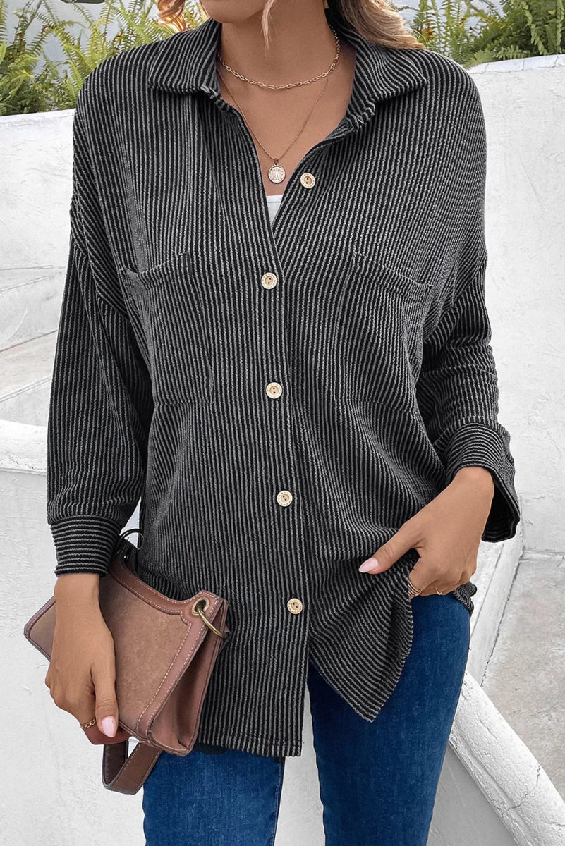 Dropped Shoulder Long Sleeve Shirts with Pocket - CELIVINE