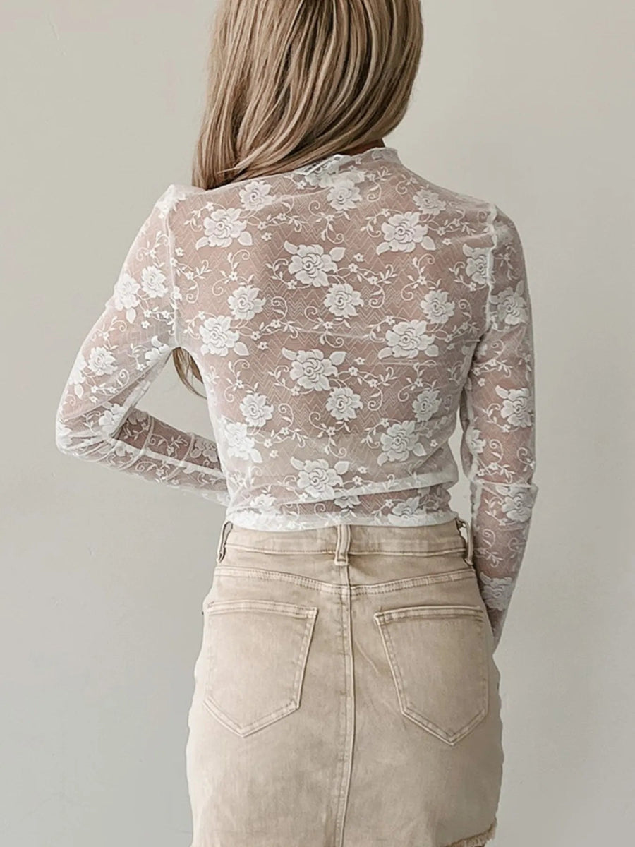 Sheer Floral Lace Mesh Mock Neck Long Sleeve Top - CELIVINE