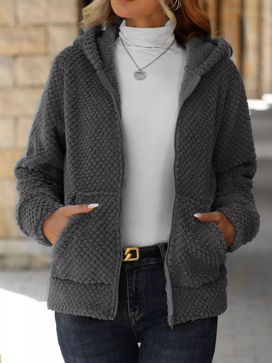 Textured Knit Zip - Up Hooded Outerwear - CELIVINE