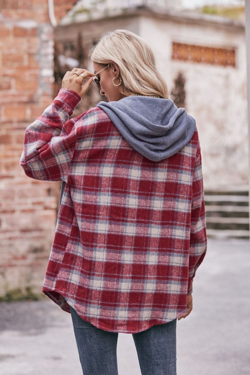 Mandy Plaid Dropped Shoulder Hooded Longline Jacket - CELIVINE
