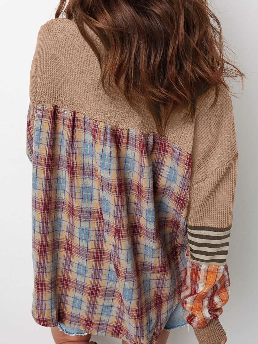 Waffle Stripe Plaid Patchwork Henley Knit Top - CELIVINE