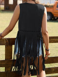 Fringe Cutout Detail Sleeveless Vest Coat - CELIVINE