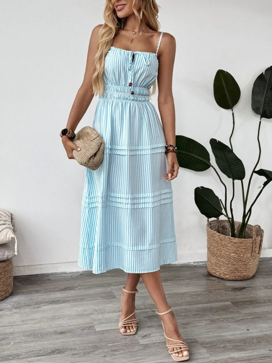 Striped Spaghetti Strap Midi Dress - CELIVINE