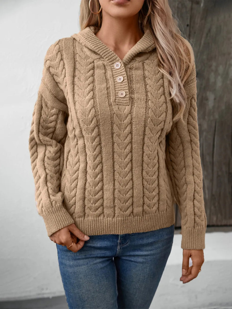 Cable - Knit Long Sleeve Hooded Sweater - CELIVINE