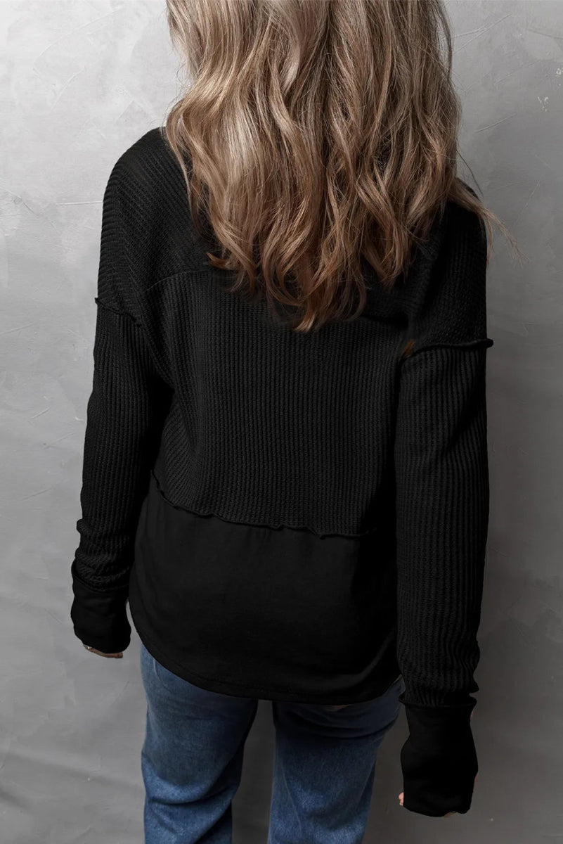 Waffle - Knit Exposed Seam Notched Long Sleeve Top - CELIVINE