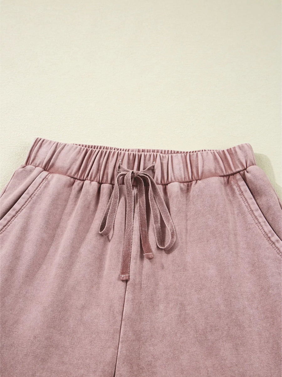 Mineral Wash Tiered Wide Leg Patchwork Drawstring Pants - CELIVINE