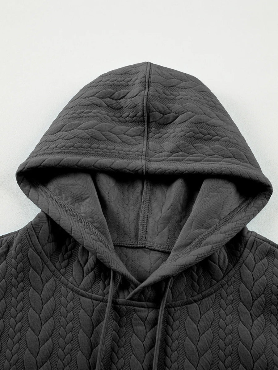 Drawstring Textured Baggy Solid Hoodie - CELIVINE