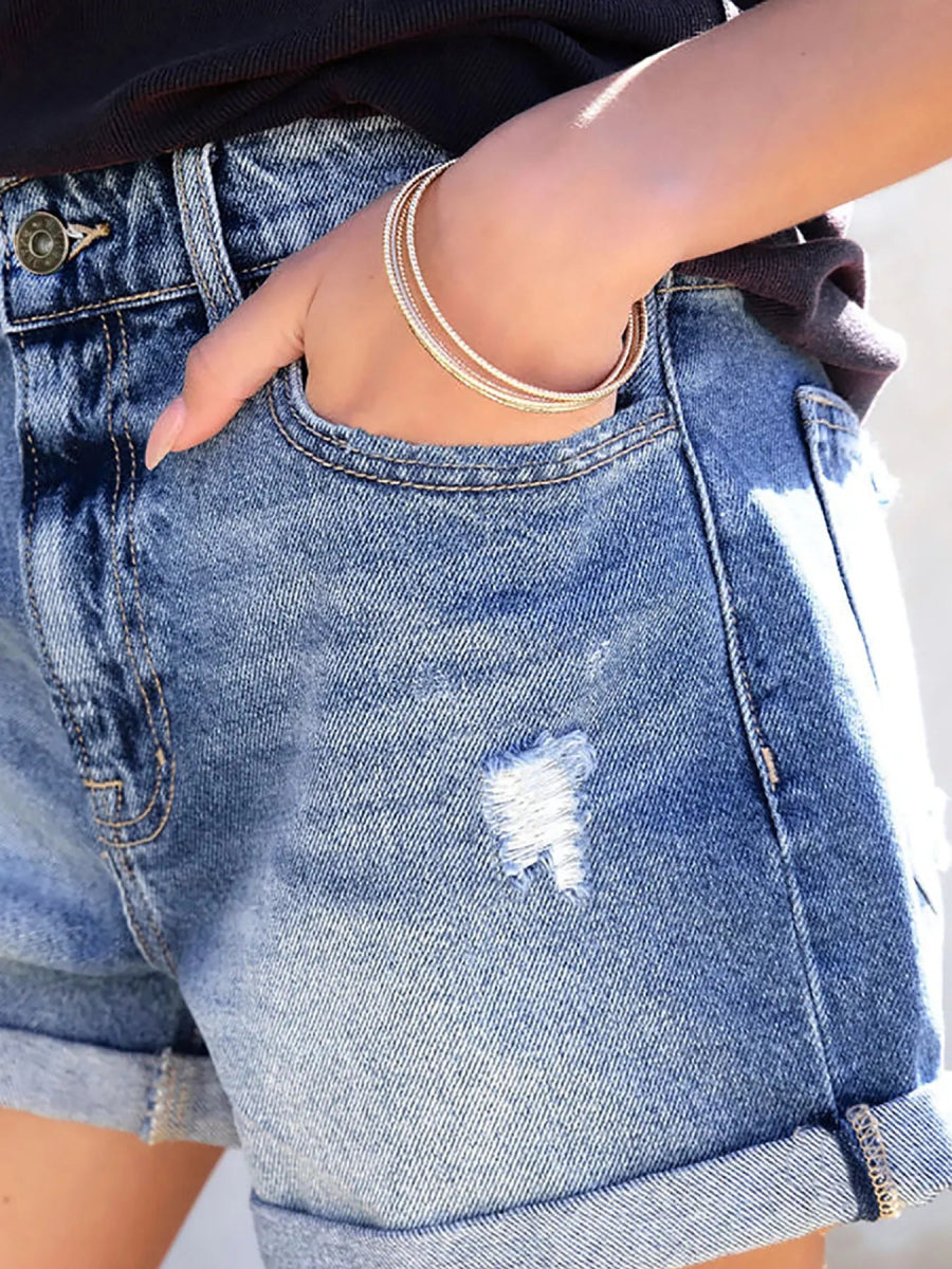 Distressed Denim Shorts - CELIVINE