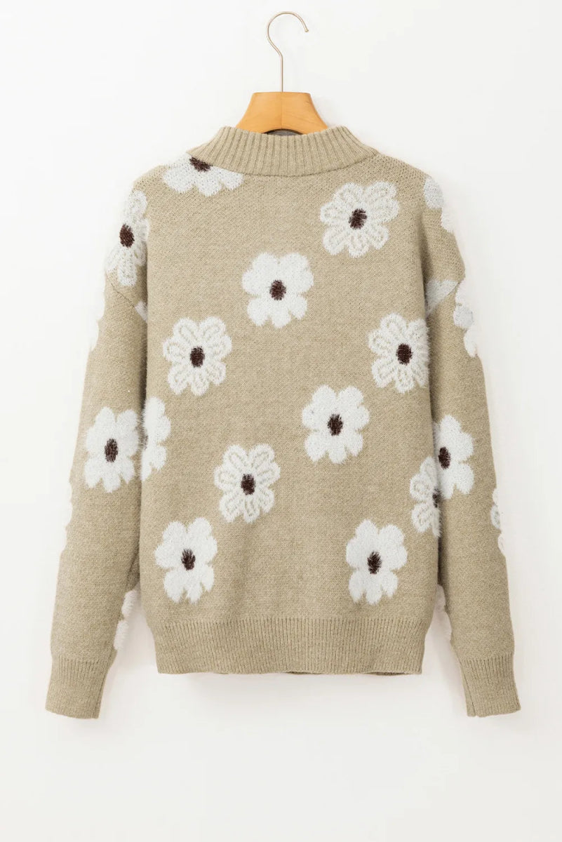 Flower Half Zip Long Sleeve Sweater - CELIVINE