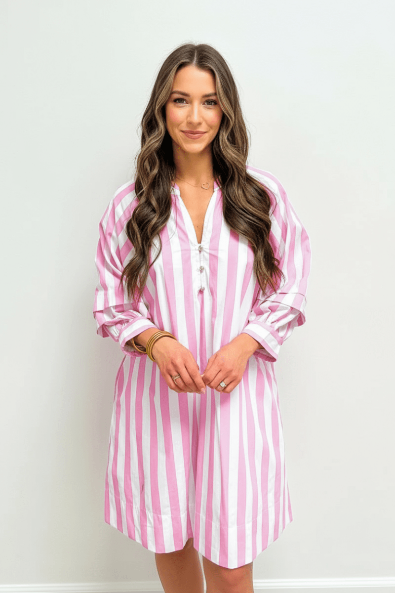 Striped Notched Mini Dress - CELIVINE