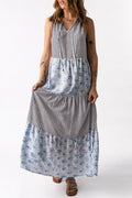 Mixed Print Tie - Neck Sleeveless Maxi Dress - CELIVINE