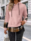 Plaid Drawstring Long Sleeve Hoodie - CELIVINE