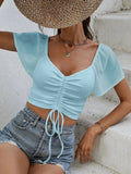 Drawstring Short Sleeve Crop Top - CELIVINE