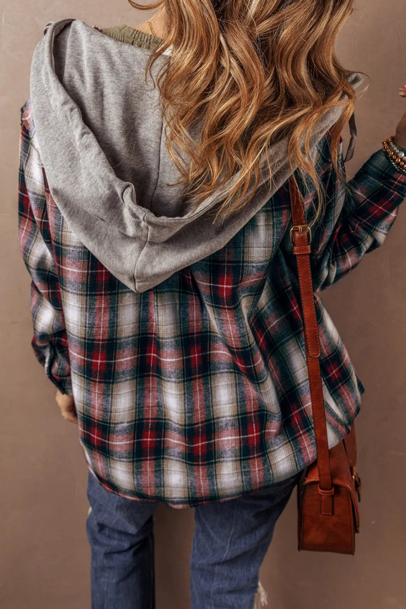Drawstring Plaid Button Up Hooded Shacket - CELIVINE