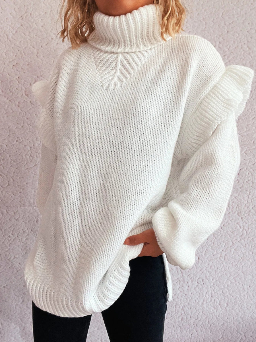 Ruffled Turtleneck Long Sleeve Sweater - CELIVINE