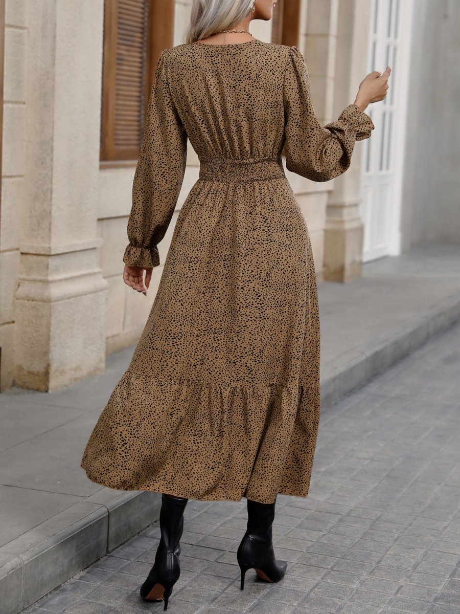 V - Neck Flounce Sleeve Ruffle Hem Dress - CELIVINE