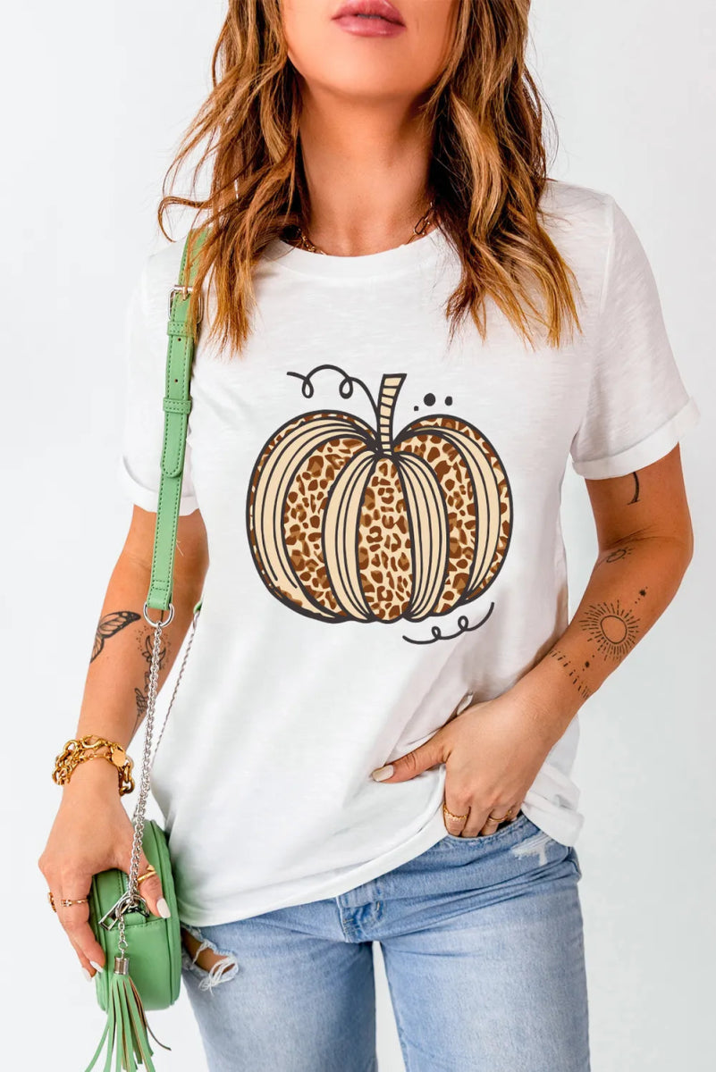Pumpkin Round Neck Short Sleeve T-Shirt - CELIVINE