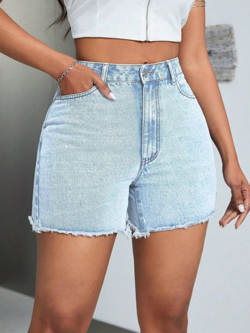 High - Waisted Raw Hem Denim Shorts - CELIVINE