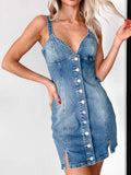 Button Front Sweetheart Neck Denim Mini Dress - CELIVINE