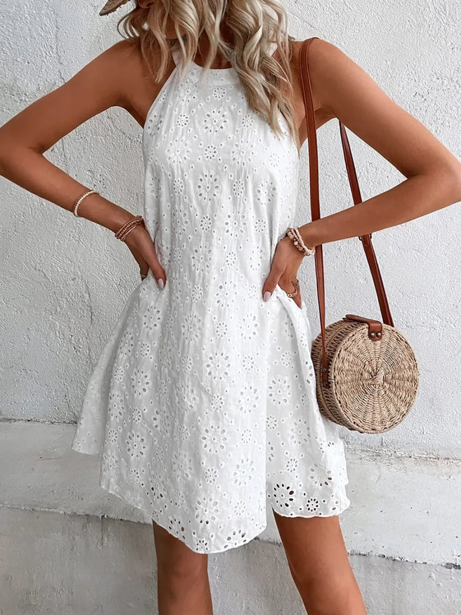 Eyelet Grecian Neck Mini Dress - CELIVINE
