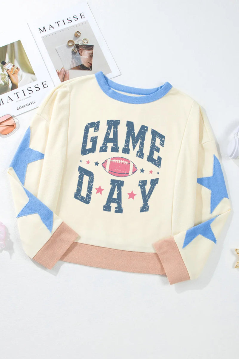 GAME DAY Star Patch Round Neck Long Sleeve Sweatshirt - CELIVINE