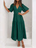 V - Neck Puff Sleeve Midi Dress - CELIVINE