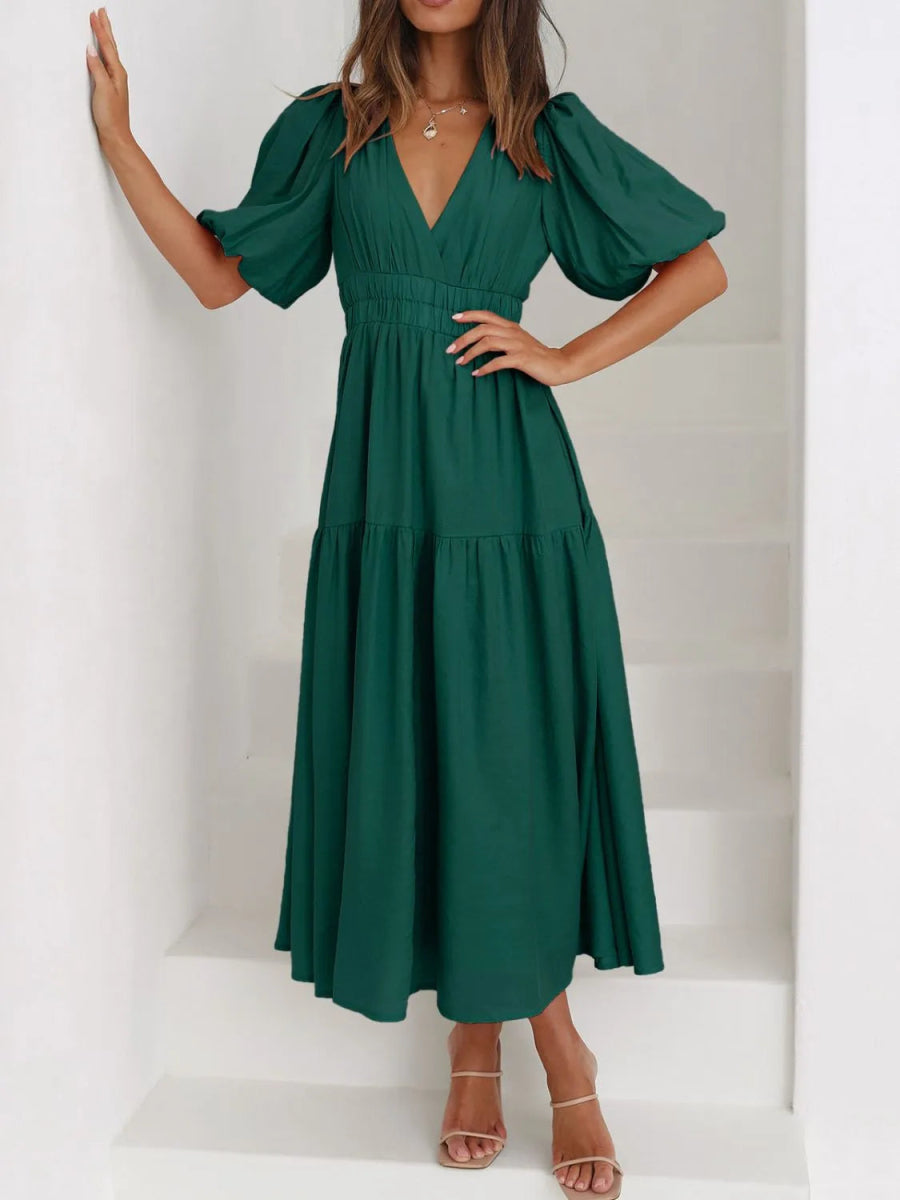 V - Neck Puff Sleeve Midi Dress - CELIVINE