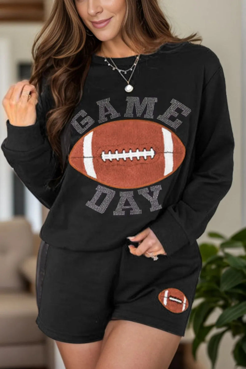 GAME DAY Football Round Neck Long Sleeve Top and Shorts Set - CELIVINE
