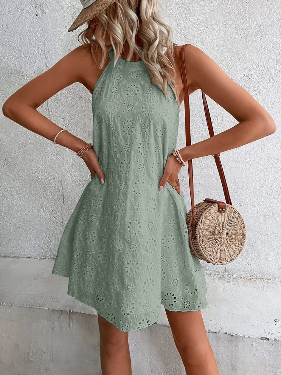 Eyelet Grecian Neck Mini Dress - CELIVINE