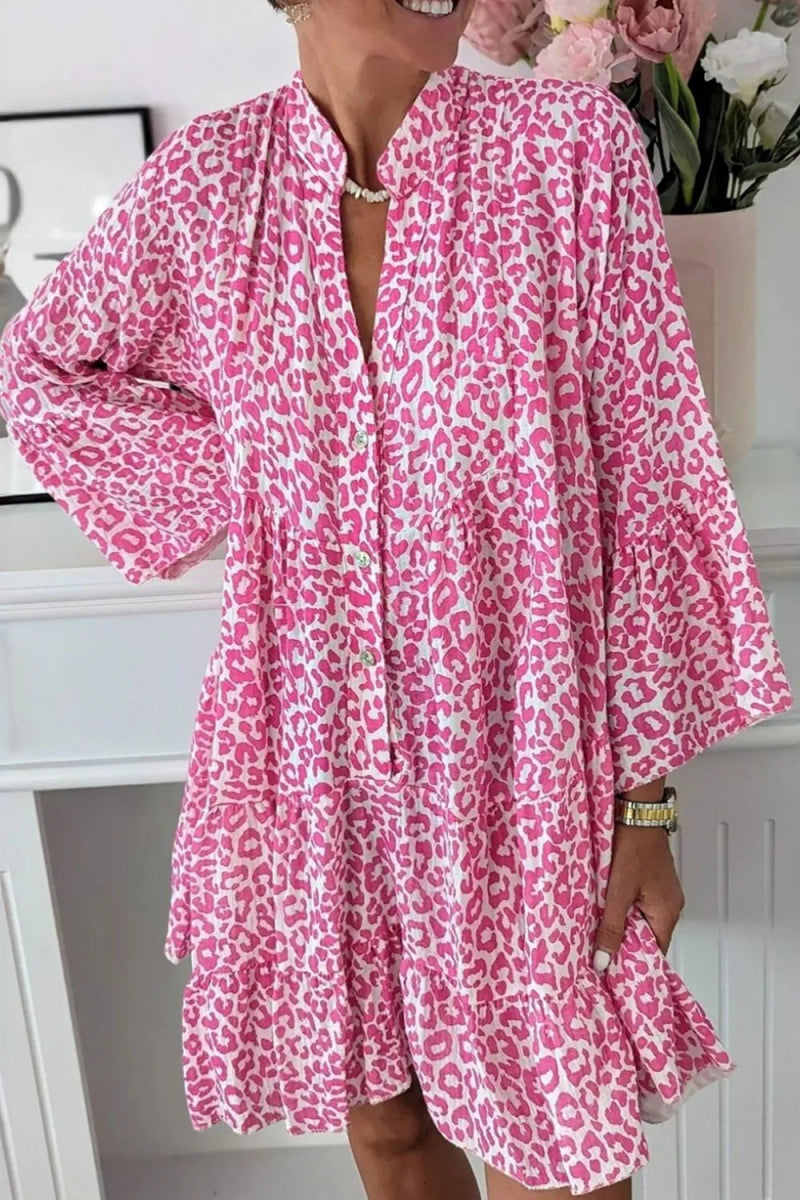 Leopard Notched Long Sleeve Shirt Dress - CELIVINE