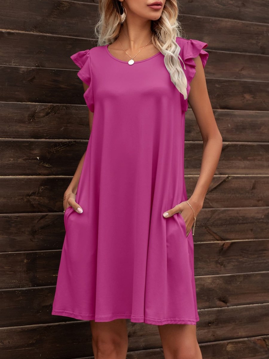 Round Neck Flutter Sleeve Dress with Pockets - CELIVINE