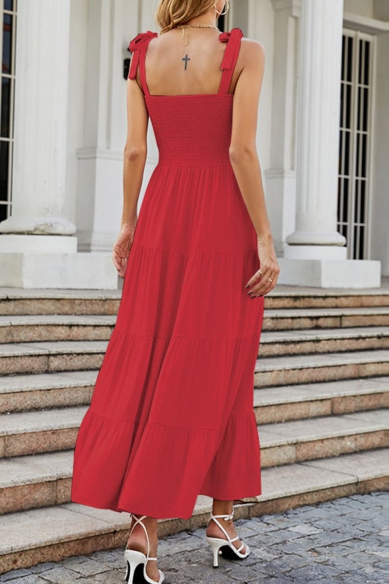 Tie - Shoulder Smocked Tiered Dress - CELIVINE