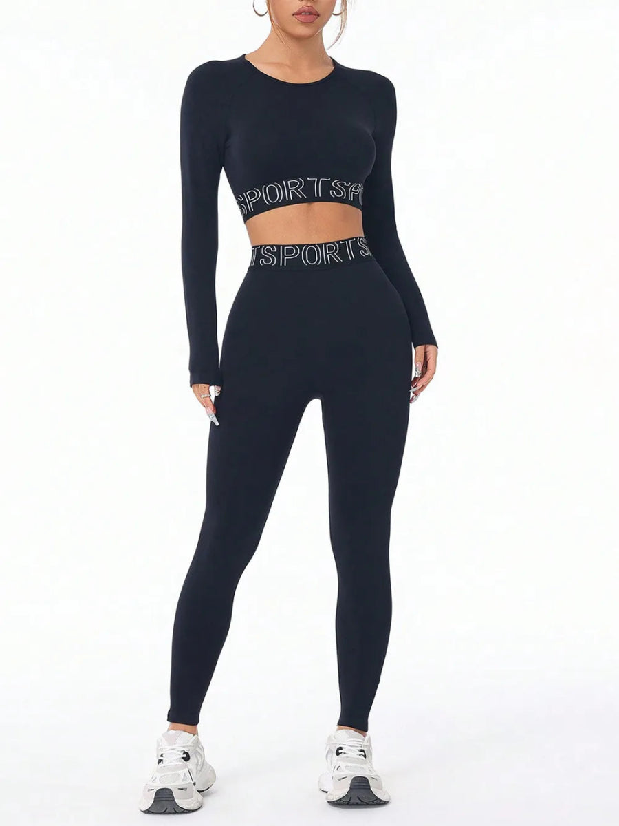 Letter Print Round Neck Long Sleeve Top and Leggings Active Set - CELIVINE