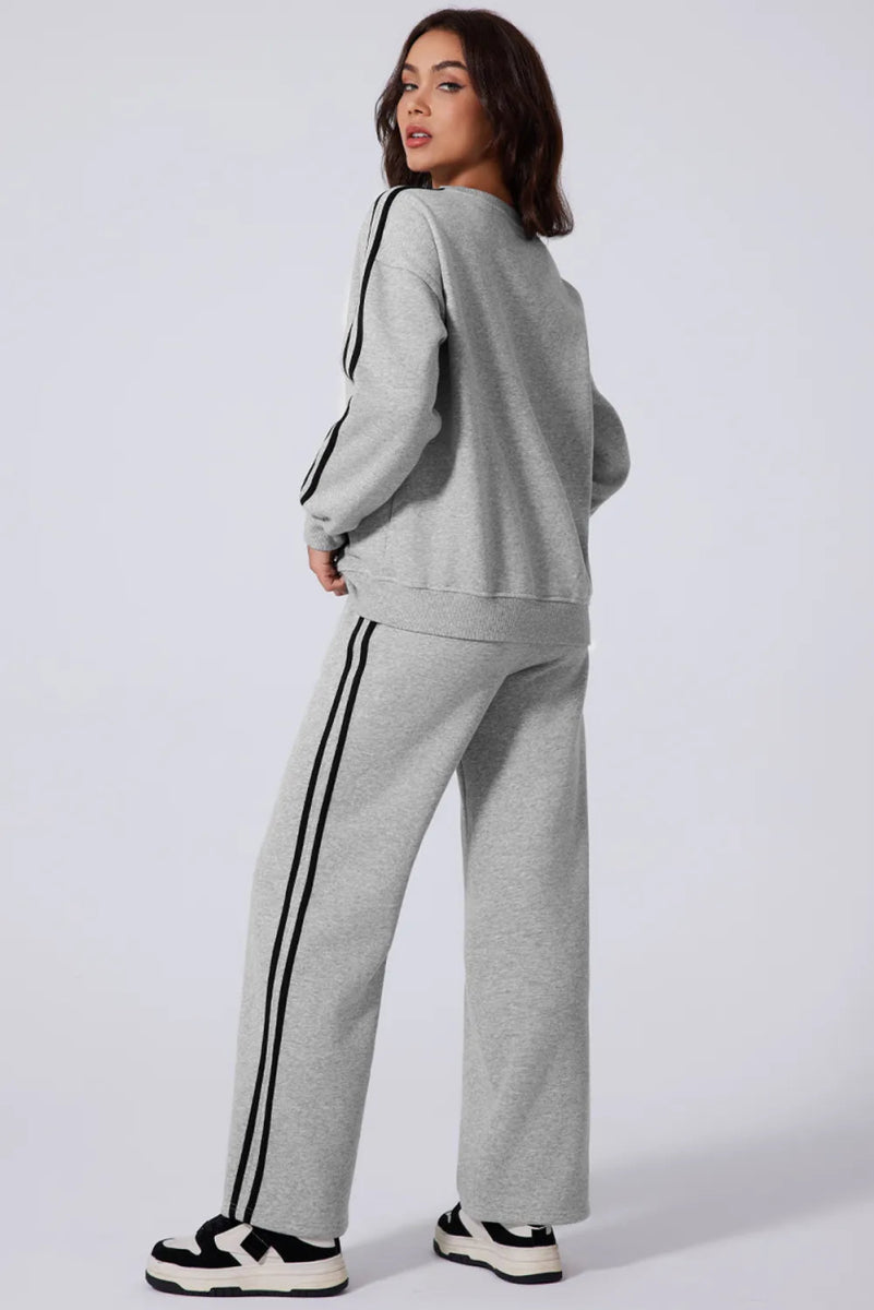 Side Striped Round Neck Top and Pants Active Set - CELIVINE