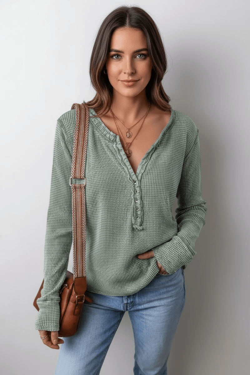 Notched Long Sleeve Top - CELIVINE