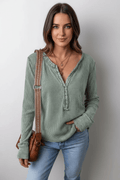 Notched Long Sleeve Top - CELIVINE