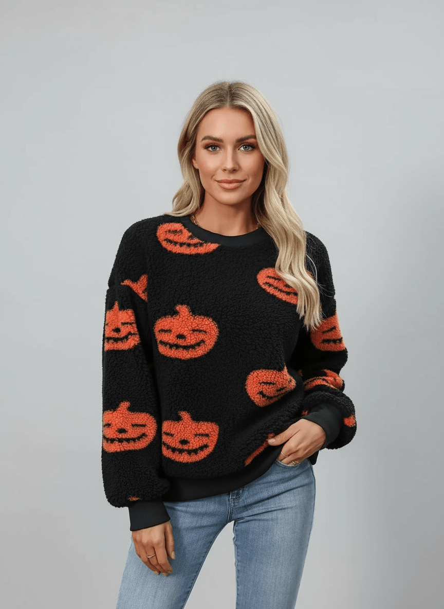 Fuzzy Pumpkin Round Neck Dropped Shoulder Sweater - CELIVINE