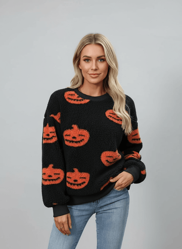 Fuzzy Pumpkin Round Neck Dropped Shoulder Sweater - CELIVINE