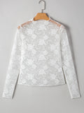 Sheer Floral Lace Mesh Mock Neck Long Sleeve Top - CELIVINE