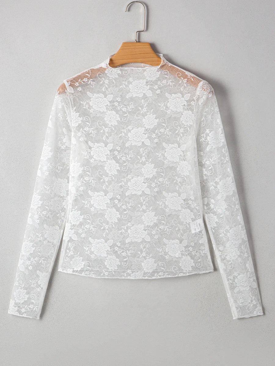 Sheer Floral Lace Mesh Mock Neck Long Sleeve Top - CELIVINE