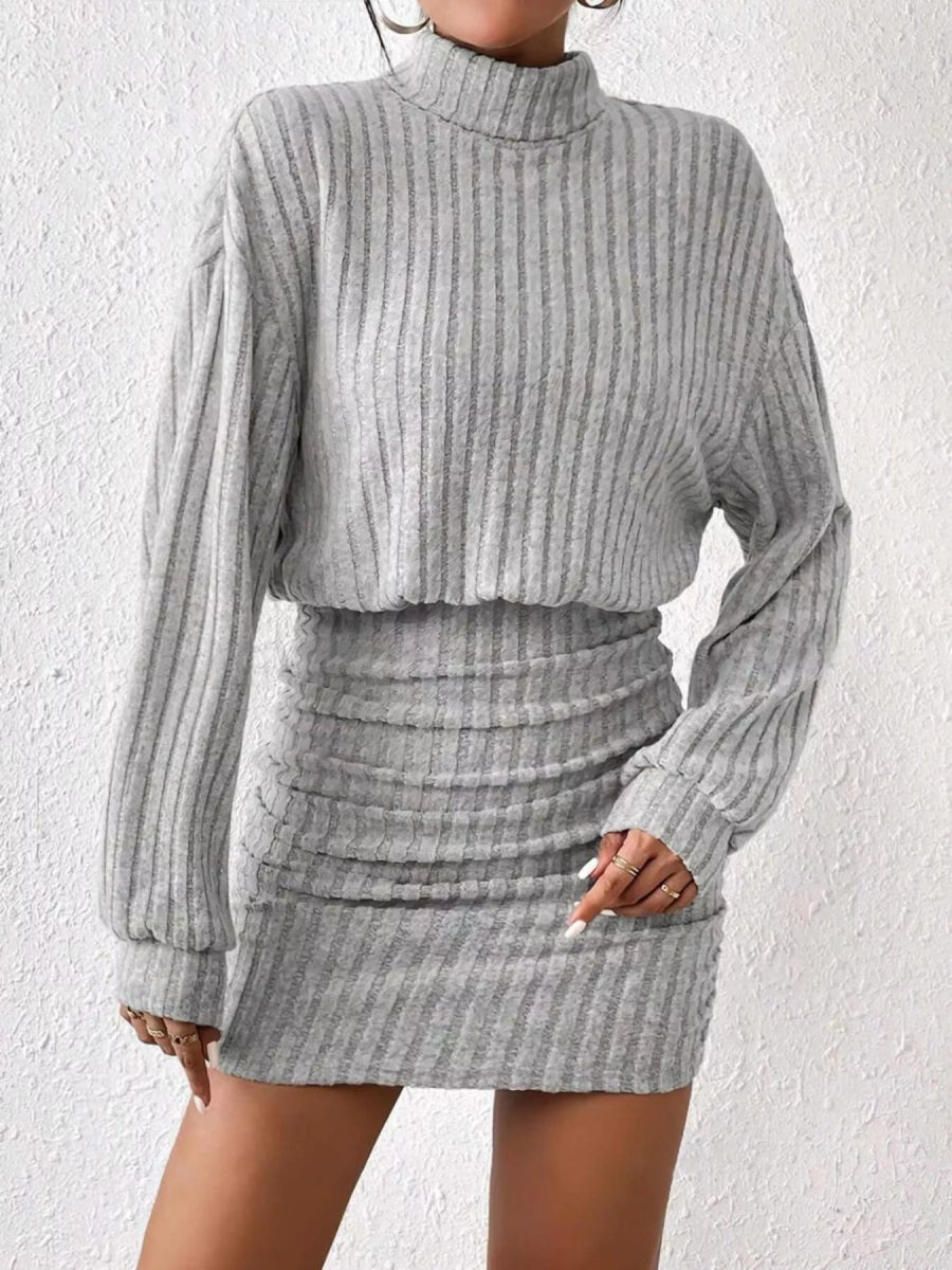 Ribbed Turtleneck Long Sleeve Sweater Dress - CELIVINE