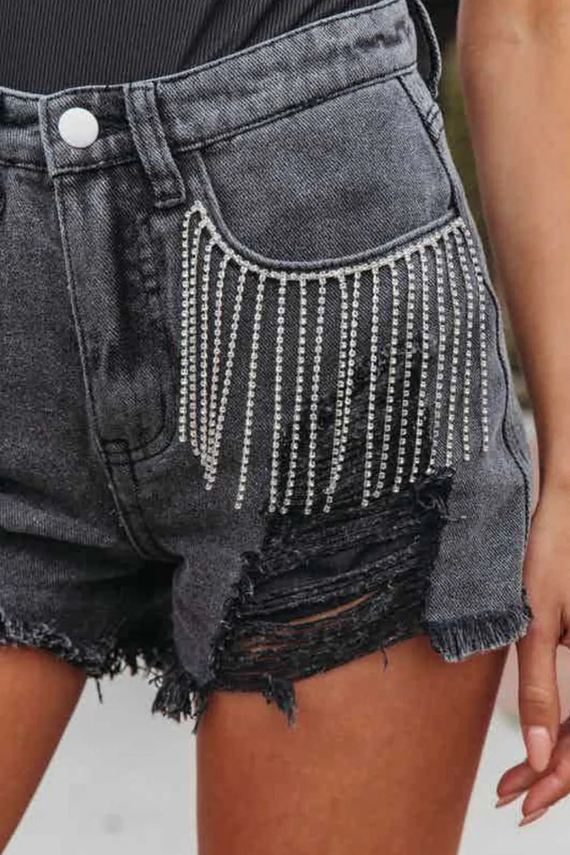 Rhinestone Fringe Distressed Denim Shorts - CELIVINE