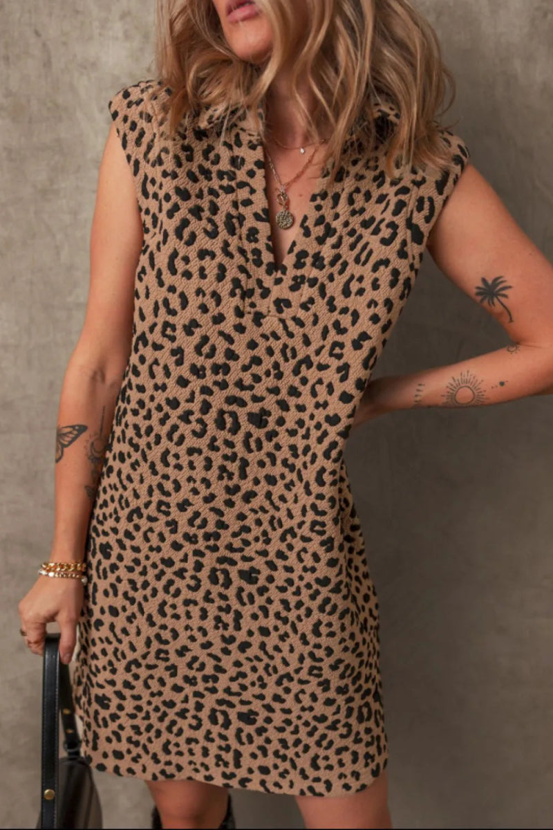 Leopard Johnny Collar Sleeveless Mini Dress - CELIVINE